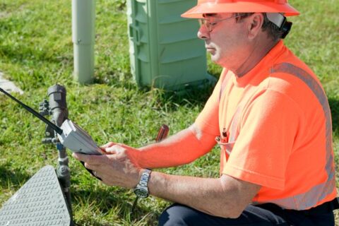 employee checking water meter