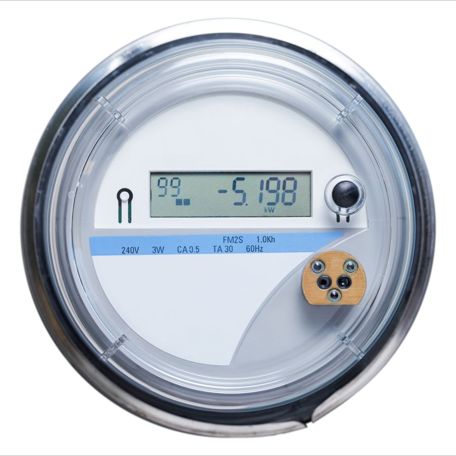 Digital smart electric meter displaying residential energy usage
