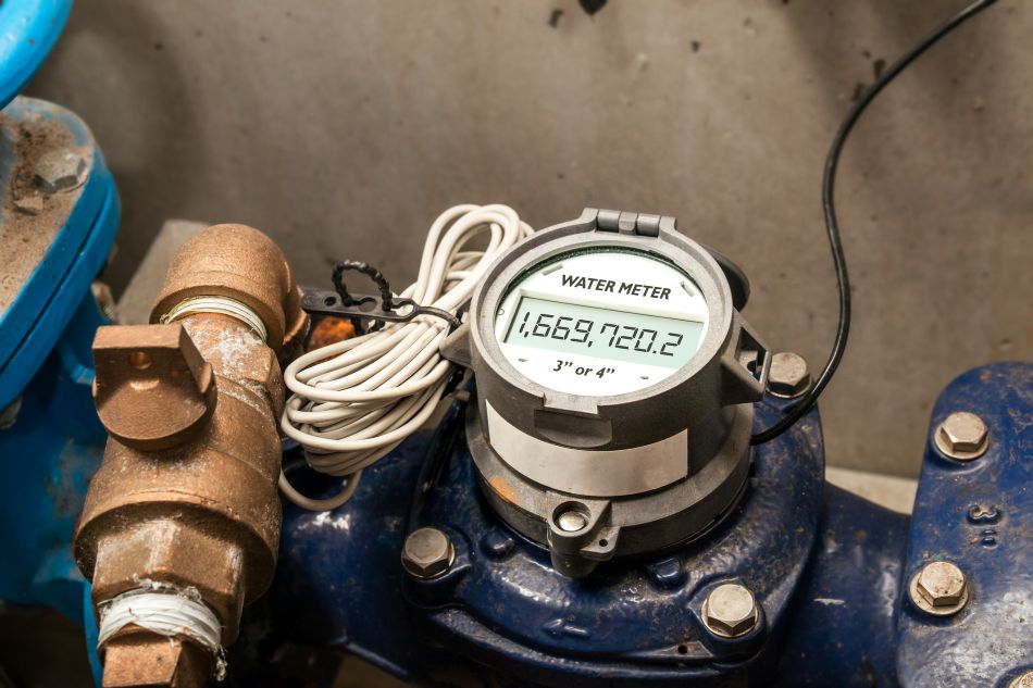 Digital water meter with reading display attached to copper pipe and wiring