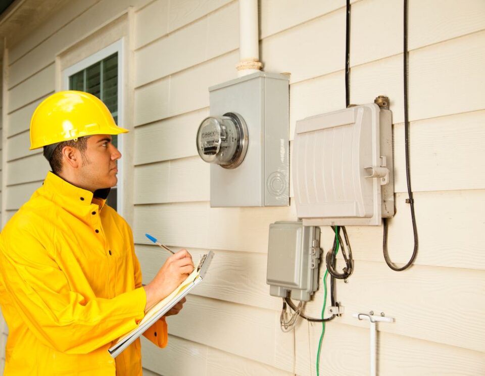 Electrician inspecting residential electrical meter and panel outdoors
