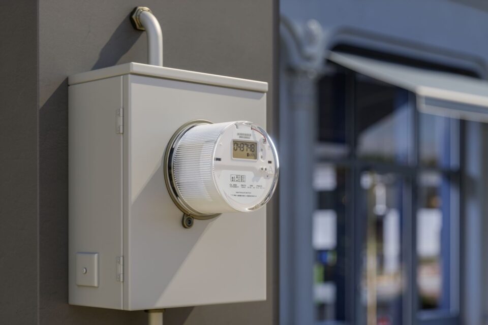 Digital electric meter installed on exterior electrical service box